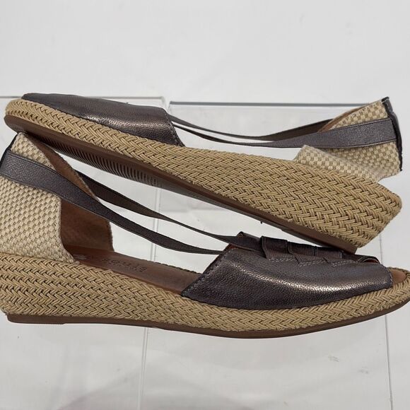 Gentle Souls Luci Sandals Women's 7 Pewter Tan Leather Peep Toe Wedge Espadrille - Picture 4 of 10